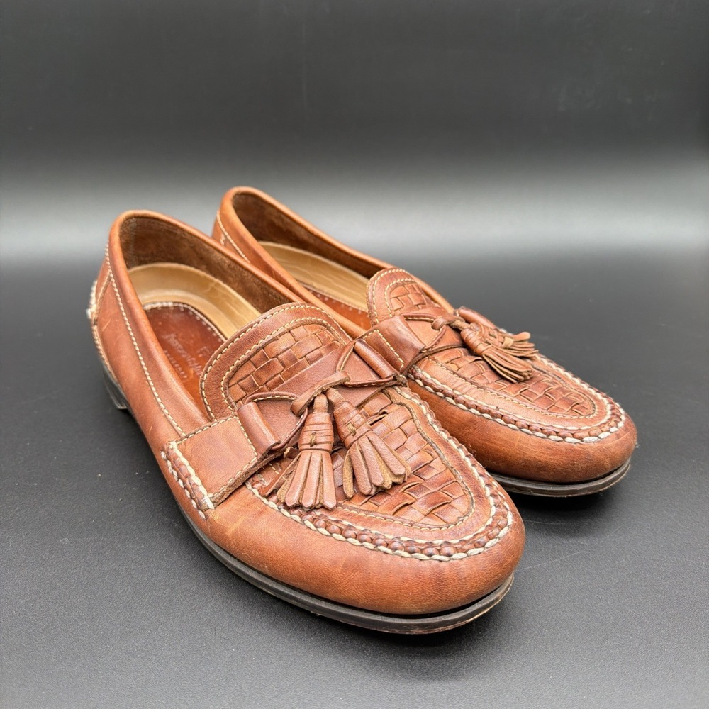 JOHNSTON‎ & MURPHY brown 11.5 M loafers TASSEL dress shoes PASSPORT weave